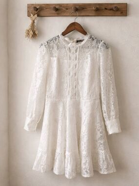 Simplee White Lace Butterfly Mini Dress - Long Sleeve Bridal Shower Brunch- S
